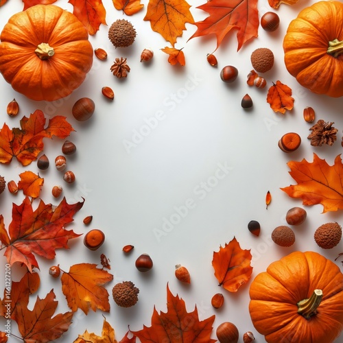 Celebrate Autumn With Pumpkins, Leaves, and Nuts Arranged in a Beautiful Circ...