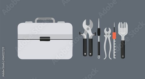 A flat design illustration of a gray toolbox alongside a set of essential hand tools for repair and maintenance.