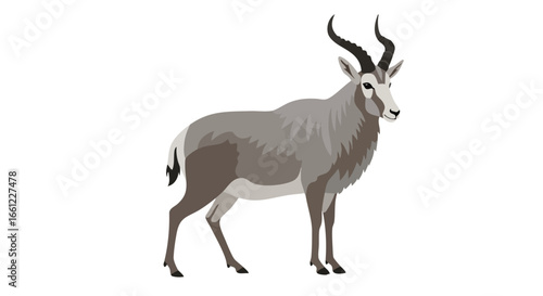 A detailed vector illustration of an Addax antelope with long, twisted horns standing against a white background.