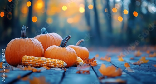 Autumn Harvest Display With Corn and Pumpkin Surrounded by Fallen Leaves.