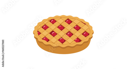 A classic baked pie with a golden-brown lattice crust revealing a sweet red cherry filling, isolated on a white background.