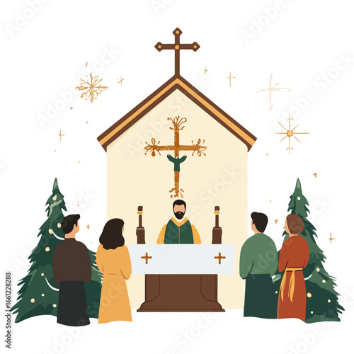 mass, christmas, festival, religion, vector, transparent background, church, winter, chapel, culture, faith, people, god, nativity, religious, season, celebration, xmas, december