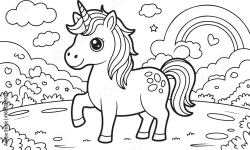 Magical Unicorn with Rainbow and Clouds, Ideal for Children's Coloring Pages
