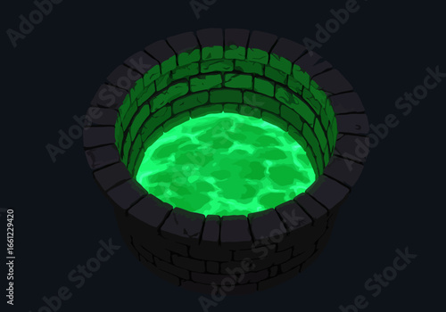 Stone Well with Glowing Green Liquid Cartoon Style.