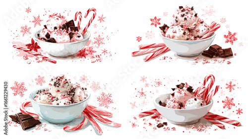 Festive watercolor illustration of peppermint ice cream in a bowl with chocolate pieces and candy canes. Ideal for Christmas, holiday dessert art, and sweet treat design.