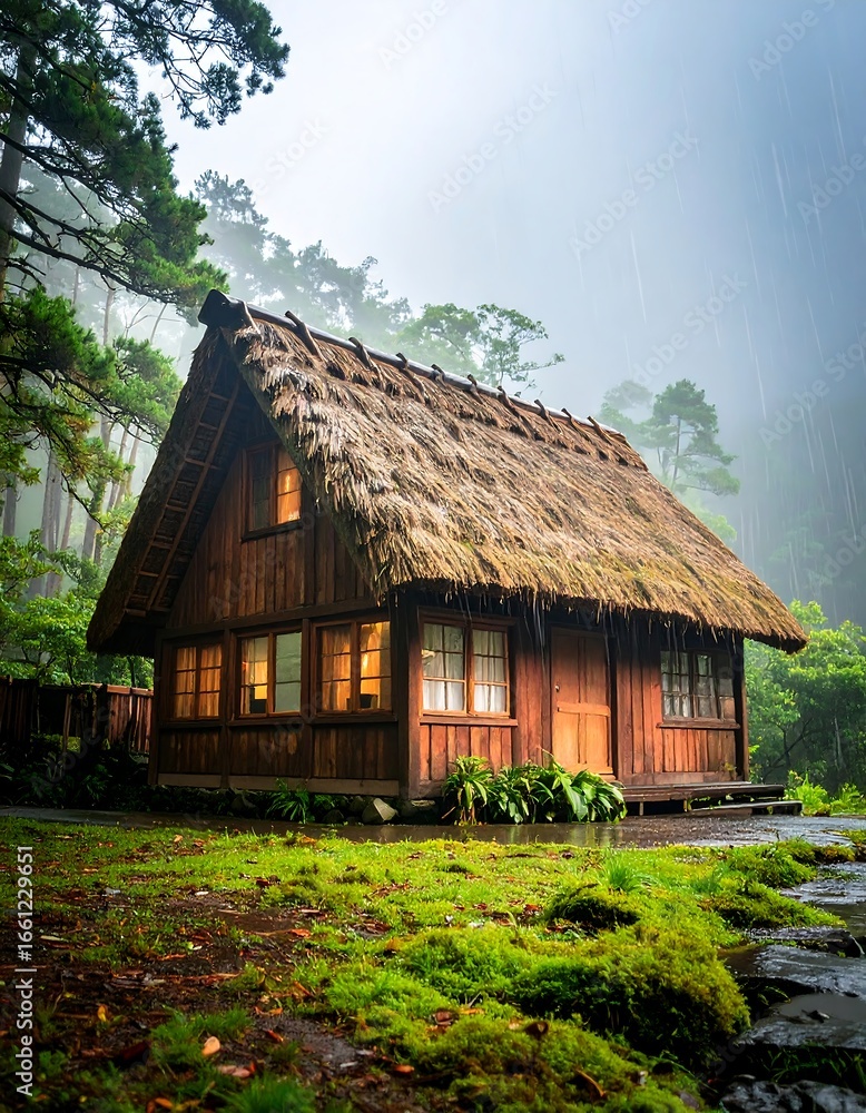 Fototapeta premium Rustic wooden cabin in a misty forest