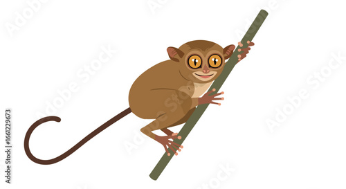 A cute cartoon tarsier with big eyes and a long tail clinging to a green branch, isolated on a white background.
