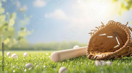 Baseball Essentials: A baseball glove, bat, and scattered balls rest on vibrant green grass beneath a sun-drenched blue sky, evoking the joy of a perfect day for a classic American pastime.