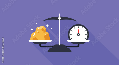 A balance scale weighs a gold nugget against a clock, symbolizing the concept that time is as valuable as money.