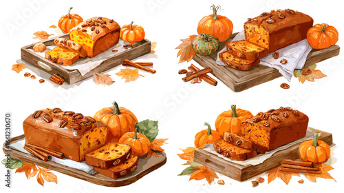 Watercolor illustration of pumpkin bread loaf with nuts, cinnamon, and fall leaves. Perfect for autumn baking, seasonal dessert design, and Thanksgiving decor projects.