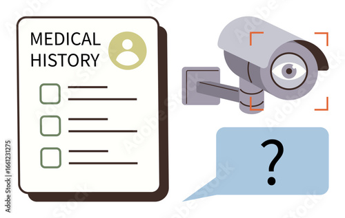 Medical history document, surveillance camera with focus target, question mark in speech bubble. Ideal for data privacy, healthcare security, surveillance ethics, monitoring, medical records