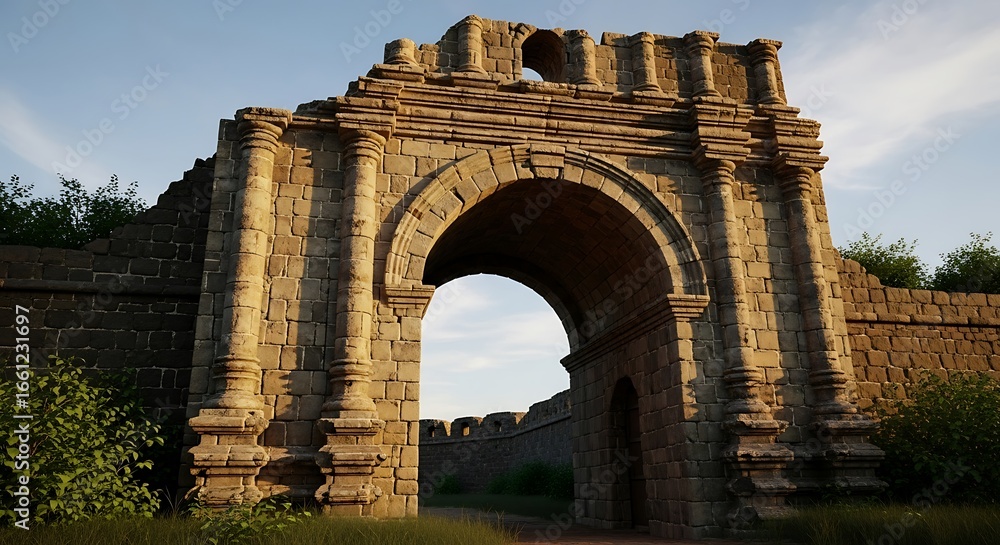 Fototapeta premium Majestic ancient stone archway standing as a historical testament amidst weathered ruins, showcasing timeless architectural resilience under a clear sky.