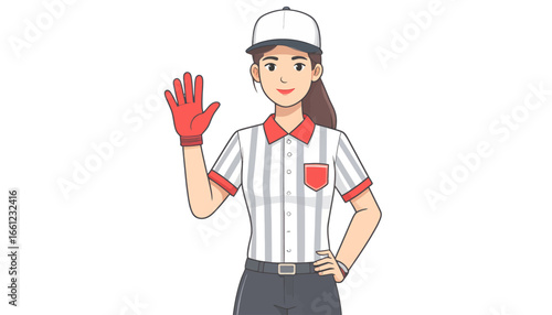 Female sports referee or umpire cartoon character making a stop hand signal illustration