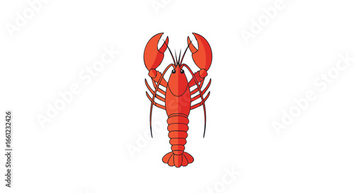 A vibrant red cartoon lobster with large claws raised, viewed from above on a white background.