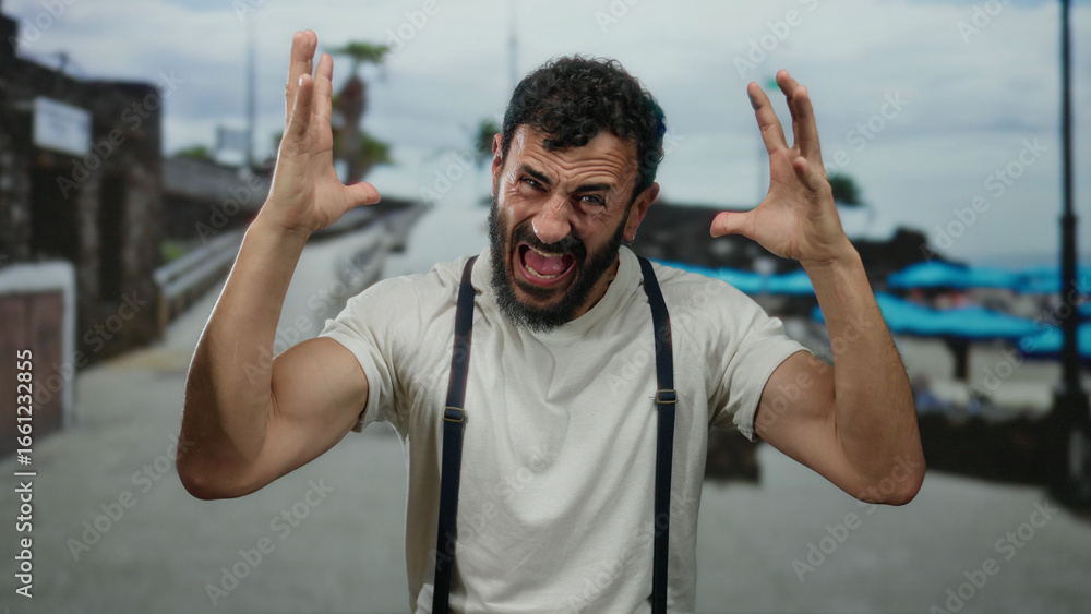 Naklejka premium Hispanic man with a beard gesturing emotionally on a seaside promenade with a beach and sea in the background.