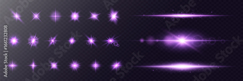 Purple glare, glowing star with rays, Vector illustration.