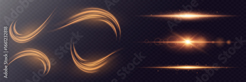 Collection of golden glares, stars and rays on a dark transparent background. Flying star effect. Vector illustration. EPS 10