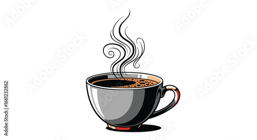 A graphic illustration of a hot cup of black coffee with aromatic steam rising in elegant swirls.