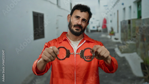Hispanic man with a beard in an orange prison jumpsuit stands outdoors holding handcuffs on a street, portraying a detainee or escaped prisoner scenario in a public setting.