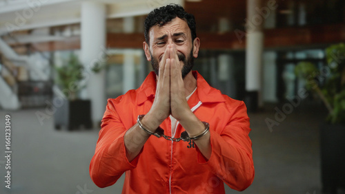 Hispanic man in an orange jumpsuit and handcuffs stands in a hotel lobby, praying outdoors with a pleading expression.