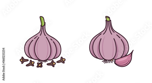 Two illustrations of purple garlic bulbs, one with whole cloves and another with a single separated clove on a white background.