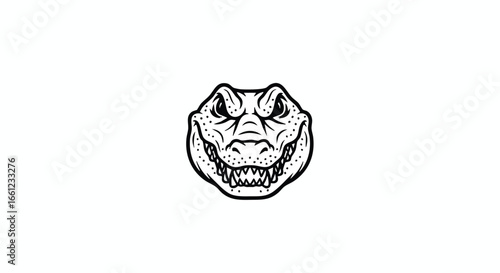 A menacing black and white line art illustration of an alligator head mascot viewed from the front.