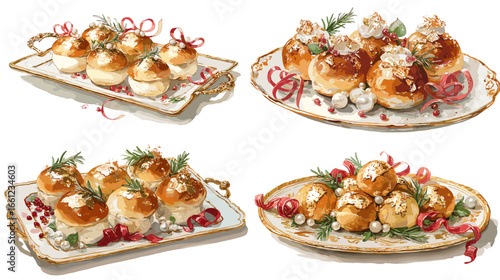 Watercolor painting of cream puff desserts served on elegant trays with ribbons and herbs. Perfect for holiday baking, festive table decoration, and food design.
