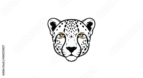 A stylized, symmetrical illustration of a cheetah's head facing forward, rendered in black and white with striking yellow eyes.
