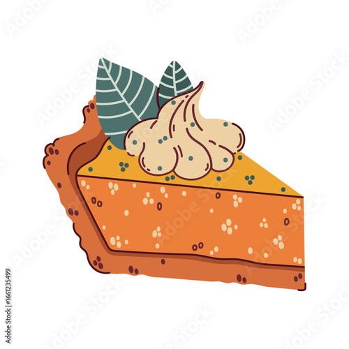 Slice of pumpkin cake, vector illustration. Sweet autumn dessert with meringue, sprinkles, mint leaves. Piece of seasonal pastry isolated on white. Baking for Thanksgiving, fall party. Cartoon clipart