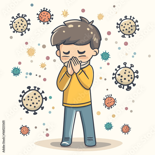 Stick Figure Sneezing with Virus Particles, vector style simple color