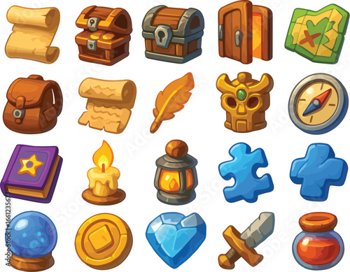 Fantasy rpg game assets icons showing treasure, magic, and adventure