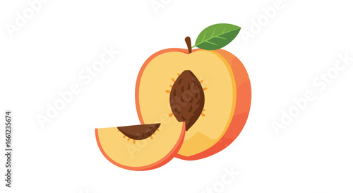A vibrant illustration of a ripe peach, cut in half to reveal its pit, with a single slice in front.