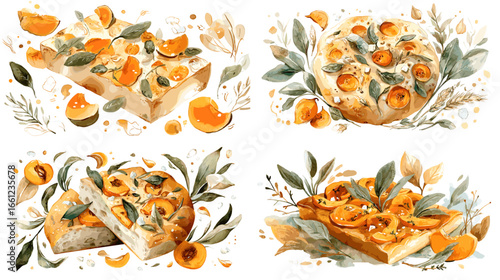 Watercolor illustration of orange focaccia bread decorated with fresh slices and herbs. Perfect for bakery branding, Mediterranean recipes, and artistic food design.