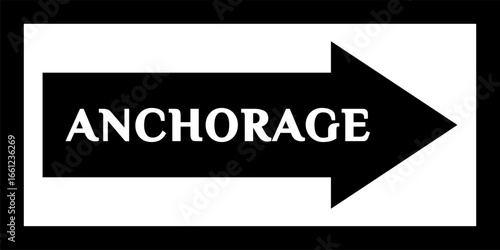'ANCHORAGE' street sign, road sign. Sign with the name of the capital city of the United States. Arrow and banner with the name of the city. City center, city arrow banner, Downtown.