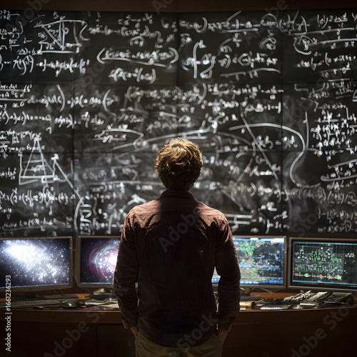 Man standing before a chalkboard covered in mathematical equations with computer screens below it