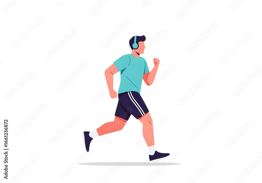 Obraz premium A man wearing headphones is running outdoors, enjoying a workout session.