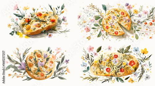 Artistic watercolor illustration of floral focaccia bread decorated with herbs and colorful flowers. Perfect for bakery branding, recipe books, and botanical food design.