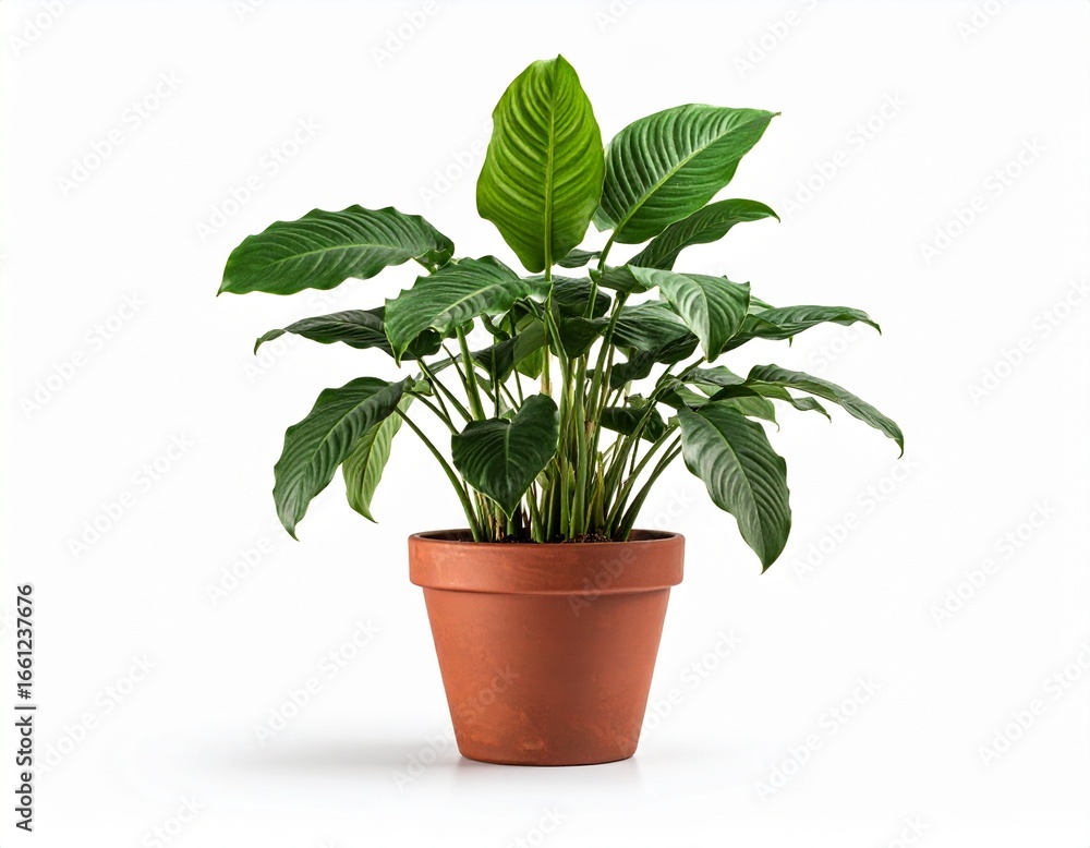 Obraz premium A lush Peace Lily with elongated deep green leaves in a reddish-brown clay pot