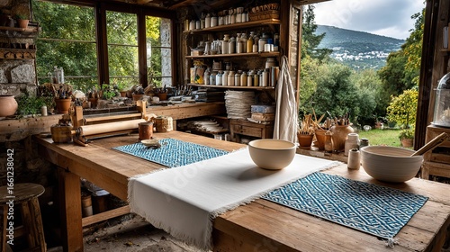 Rustic artisan studio workspace with tablecloth