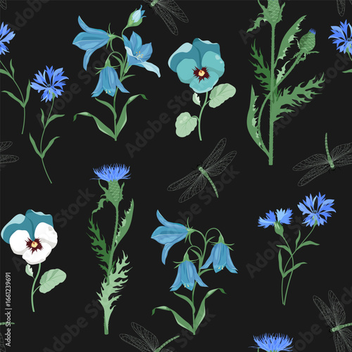 Seamless vector illustration of various flowers, including campanula, pansy, and thistle, against a black background. This design could be used in textiles, packaging, or as wallpaper.