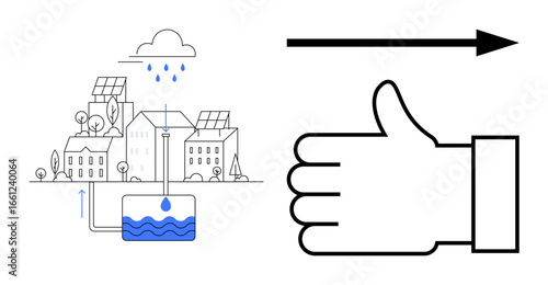 Raindrops collected in urban water systems and solar-powered buildings alongside a hand with a thumb up. Ideal for sustainability, environment, water conservation, technology, renewables, eco-living