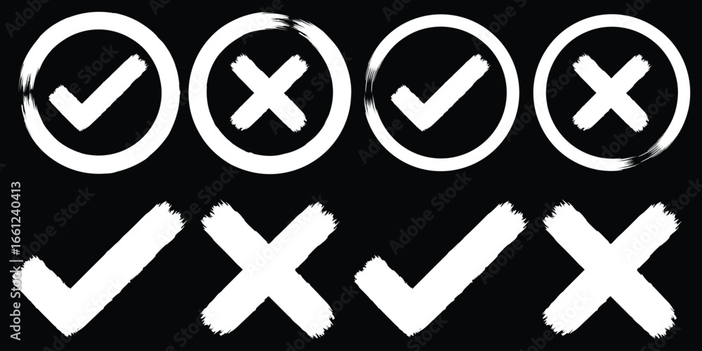 Obraz premium Vector set of check marks and cross marks in hand drawn brush style. Check tick mark icon set. Cross box x check mark checkbox v list vector draw hand drawn sketch doodle brush. eps 10