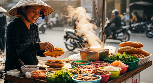 A Vietnamese Woman Selling Banh Mi Sandwiches at a Street Food Stall