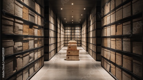 Long dark corridor with grid shelves packed with aged records. Brown boxes stacked on floor in vast storage archive.