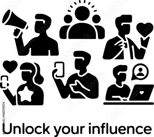 Black and white vector illustration depicting social media engagement and influence with people and devices
