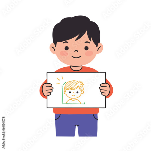 A small child proudly displays a vibrant homemade drawing, rendered as a charming 2D flat vector illustration, isolated on a clean white background.