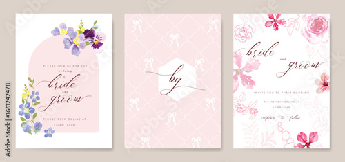 sweet elegant pink botanical Wedding Invitation, floral invite thank you, rsvp modern card Design in leaf and flower water color texture decorative Vector elegant rustic template