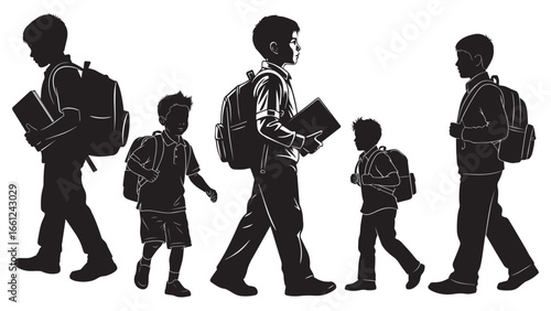 school kids walking with backpacks, back to school children silhouettes, student silhouettes holding books