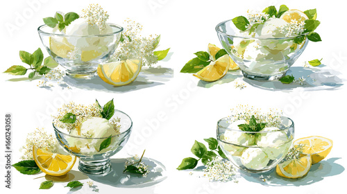 Refreshing watercolor lemon ice cream scoops in glass bowls with citrus slices and green leaves. Clean and bright composition ideal for summer design and food branding.