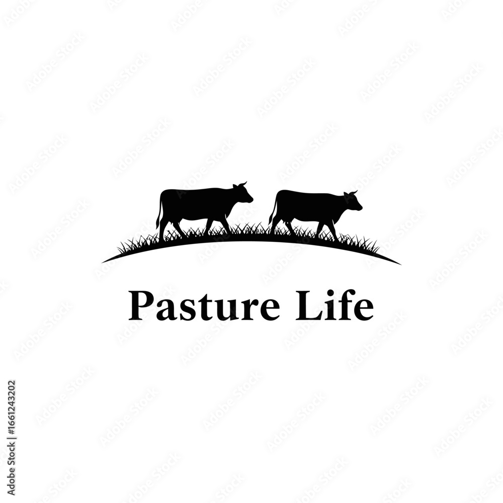 Naklejka premium Silhouette of two cows walking on a grassy hill. Simple, elegant design.